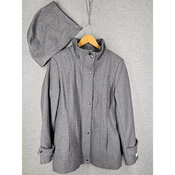 CALVIN KLEIN WOMENS GRAY WOOL BLEND PEACOAT SIZE 12 DETACHABLE HOOD - Picture 9 of 12